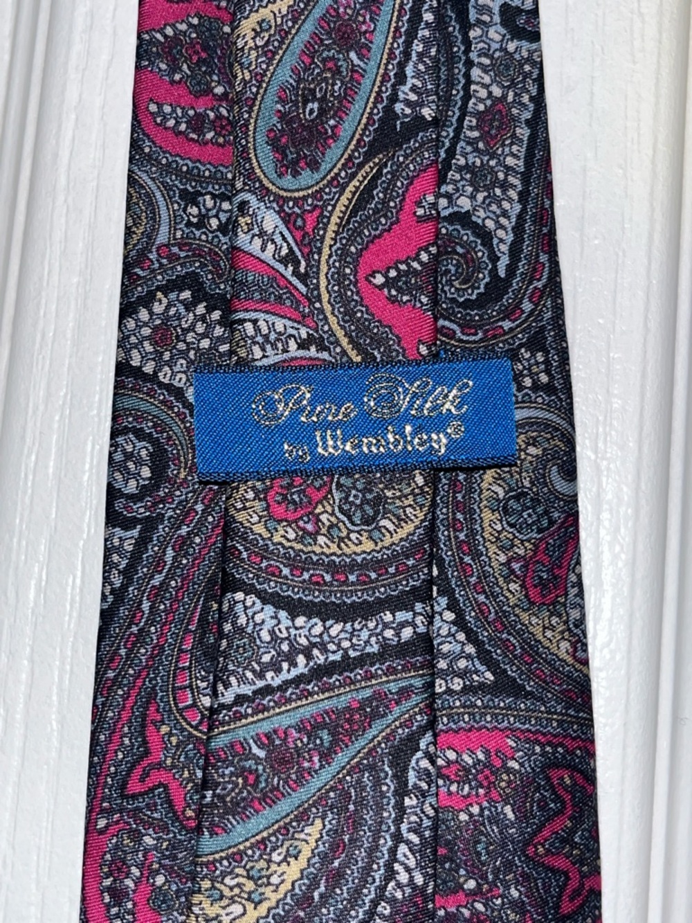 Wembley Silk Paisley Tie in Pink, Gray, and Gold Vintage - 59”L, 3.5”W